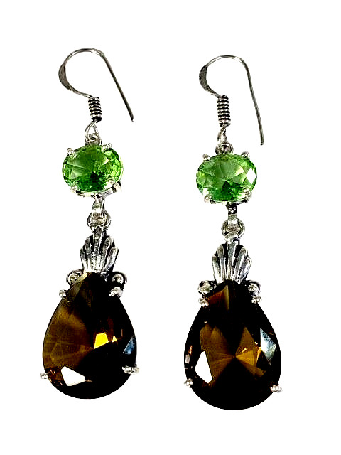 Smoky Quartz & Peridot Gemstone Handmade Drop Dangle Earrings Jewelry 2.32" NEW