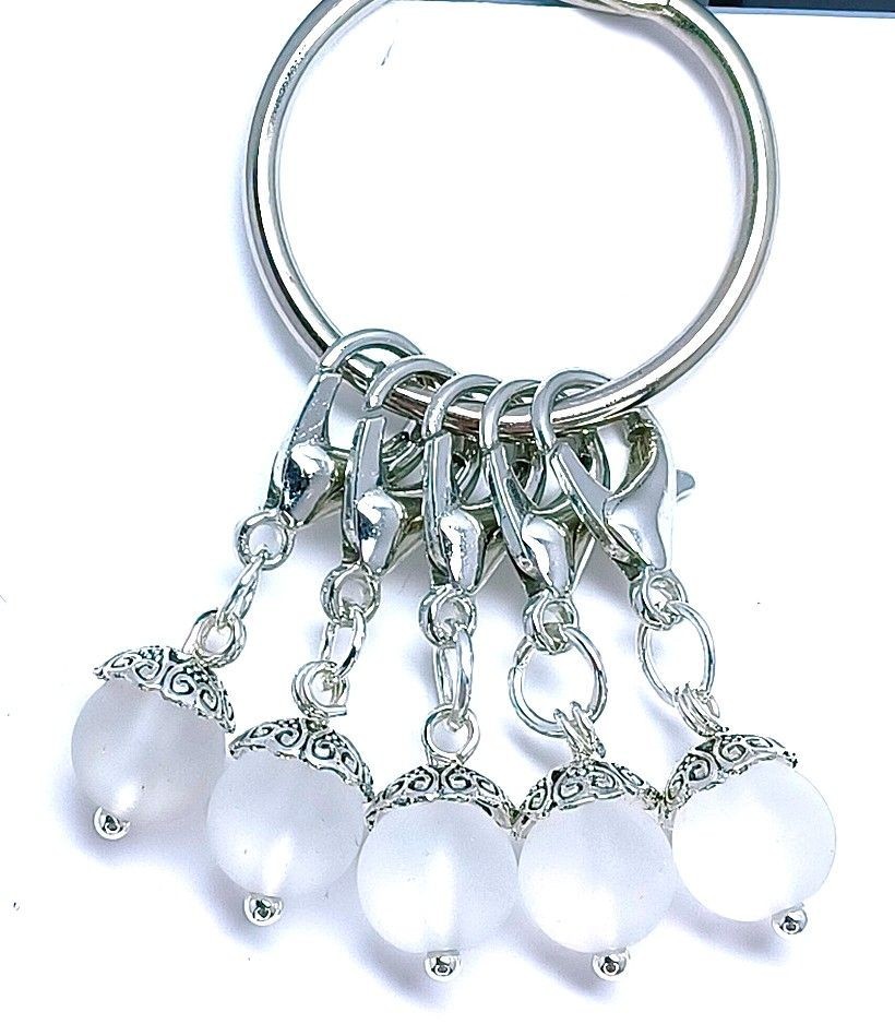 MikieLou Stitch Markers Premium  White Glass Dangle Jewelry Knitting Crochet