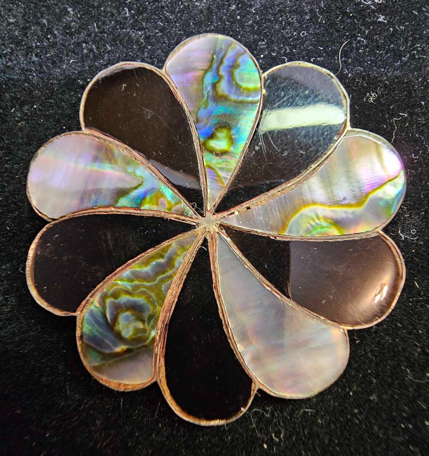 Sign BC 925 sterling mexico Flower/Pinwheel Brooch Pin Pendant abalone onyx-READ