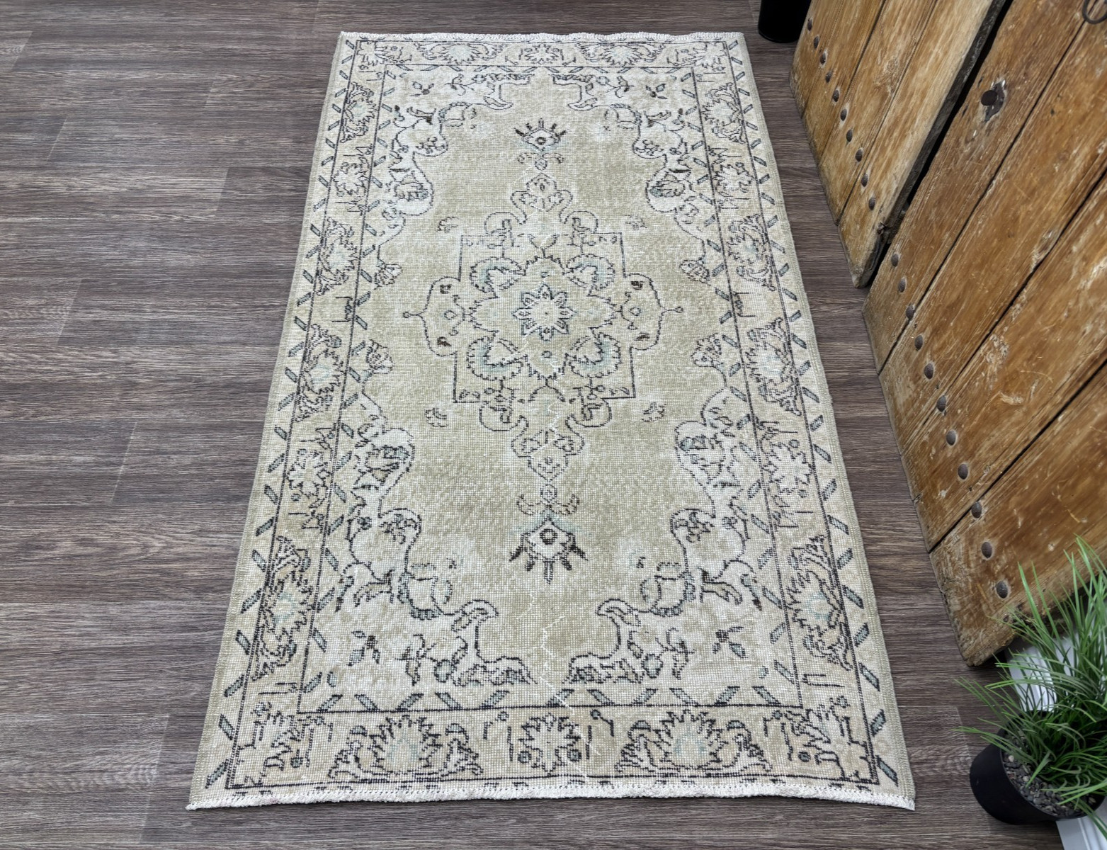 4x7 Beige Neutral Vintage Turkish Area Rug, Hand-Knotted Wool Living Rooom Rug