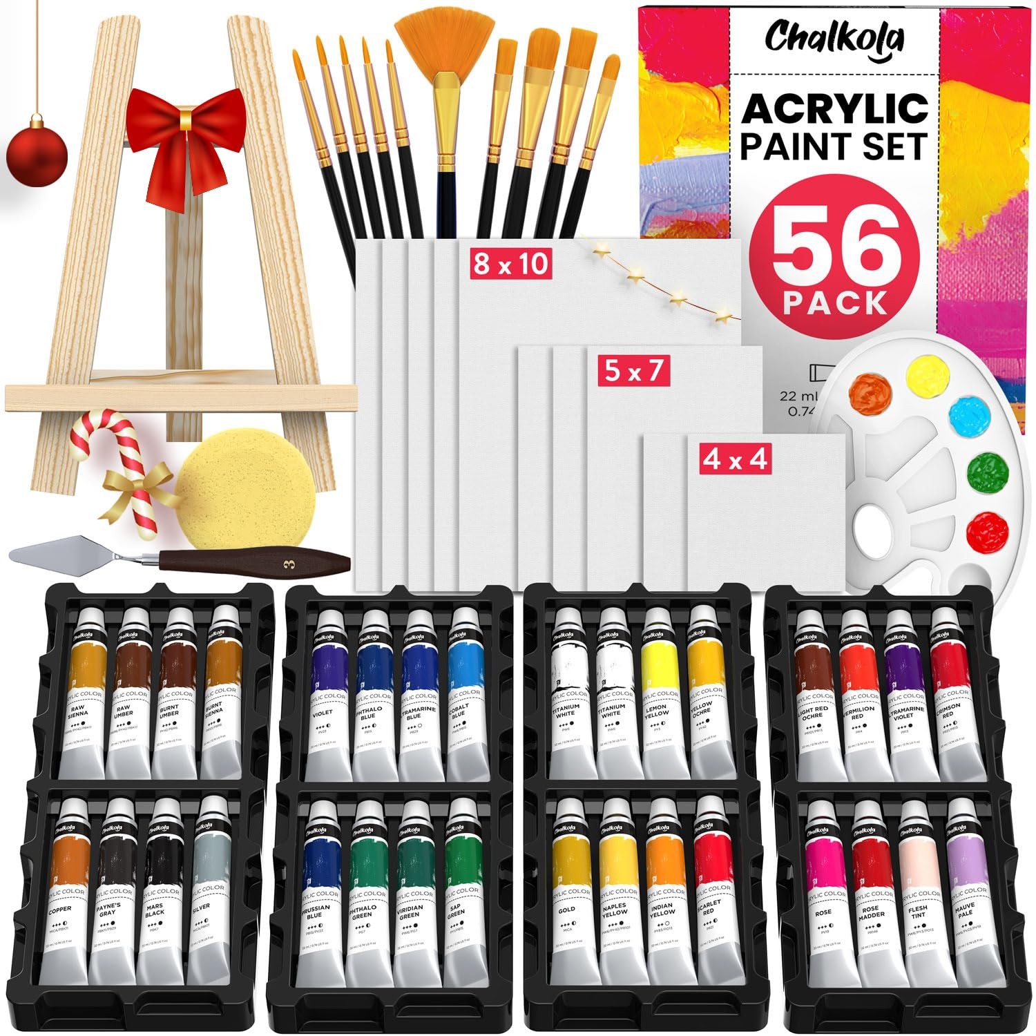 Chalkola 56-Pcs Acrylic Paint Set for Adults & Kids - Canvas Painting Kit