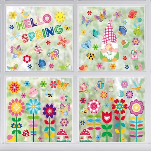 Window Clings - 9 Sheets 112 Pcs Hello Window Clings Colorful Flower Spring