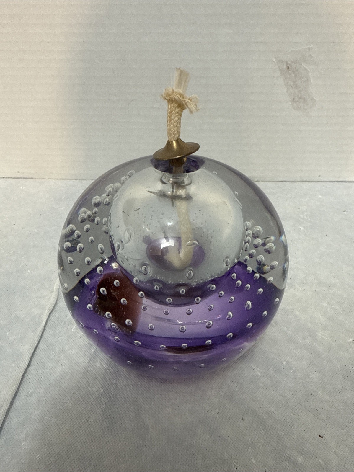 Glass Oil Lamp Vintage Hand Made Poland Purple Round Blown Bubbles Fine