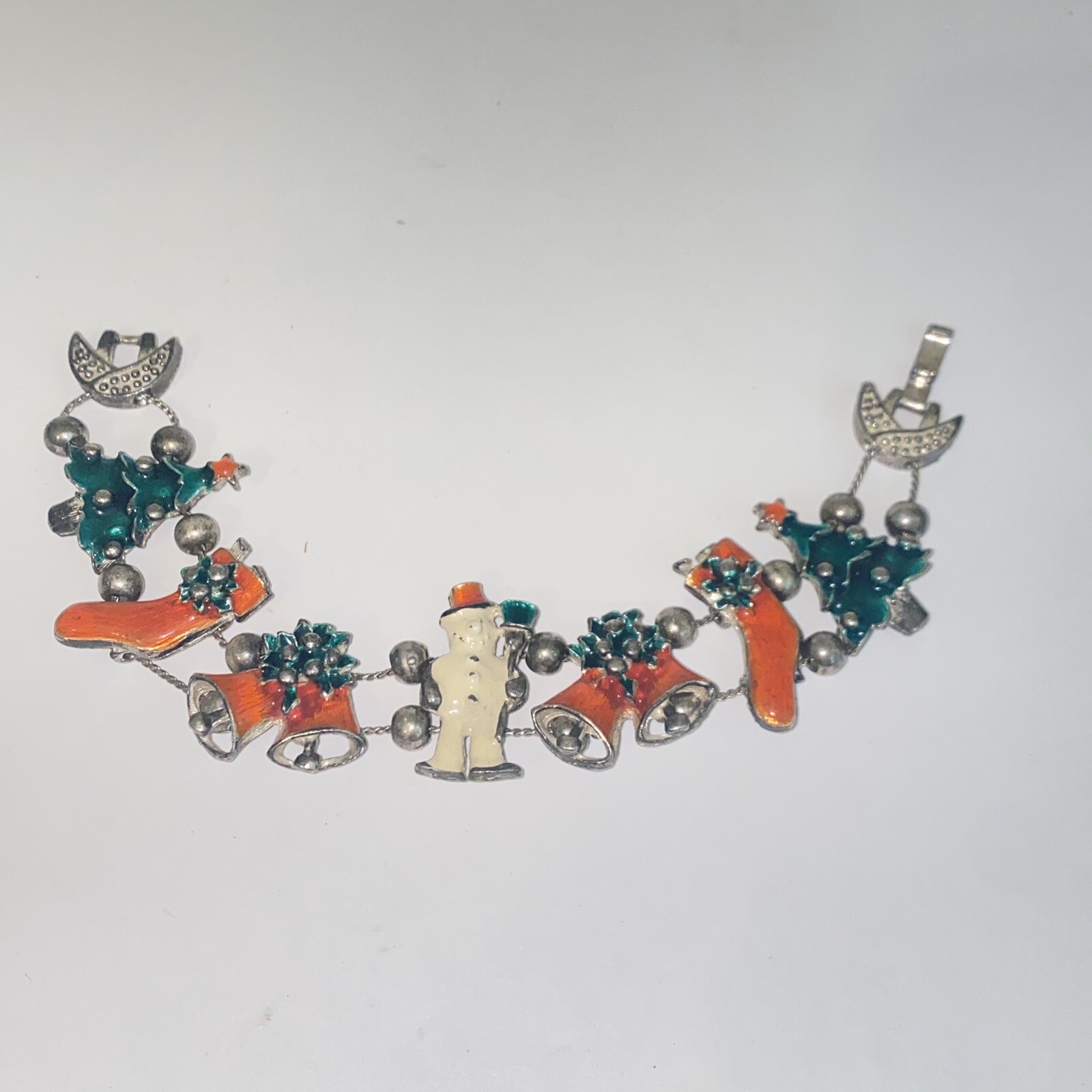 Vintage Antiqued Silver Tone Enamel Christmas Charms Slide Link Bracelet