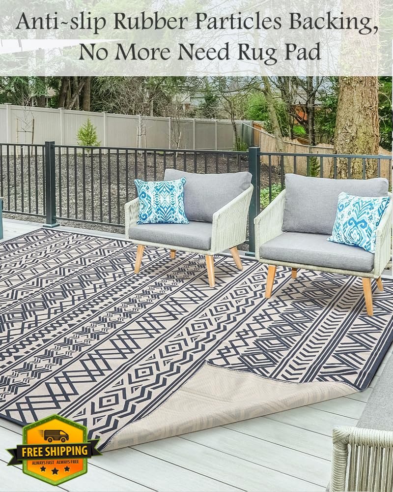 Outdoor Rug Carpet 6x9 ft Flatweave Navy Non Slip Patio Deck