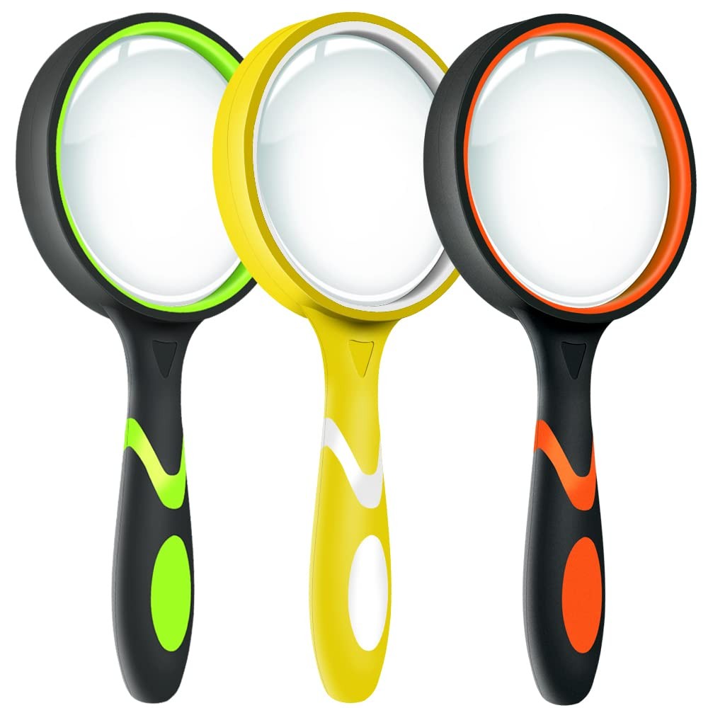 Leffis 3 Pack Magnifying Glass, 10X Non-Slip 3 Pack(green/Yellow/Orange) 