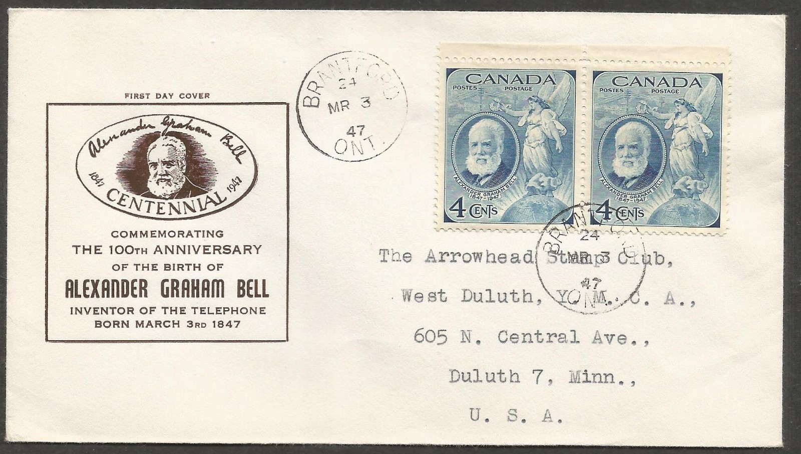 1947 FDC First Day Cover 2x4c Bell #274 CDS Brantford Ontario Cachet