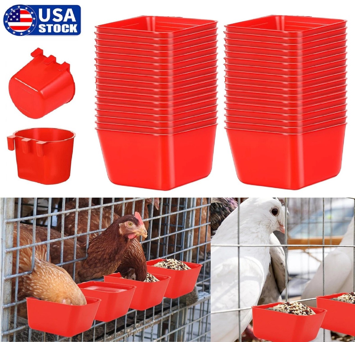 10× Red Chicken Poultry Hanging Water Feed Cage Cups Rabbit Bird Feeder Bowls US