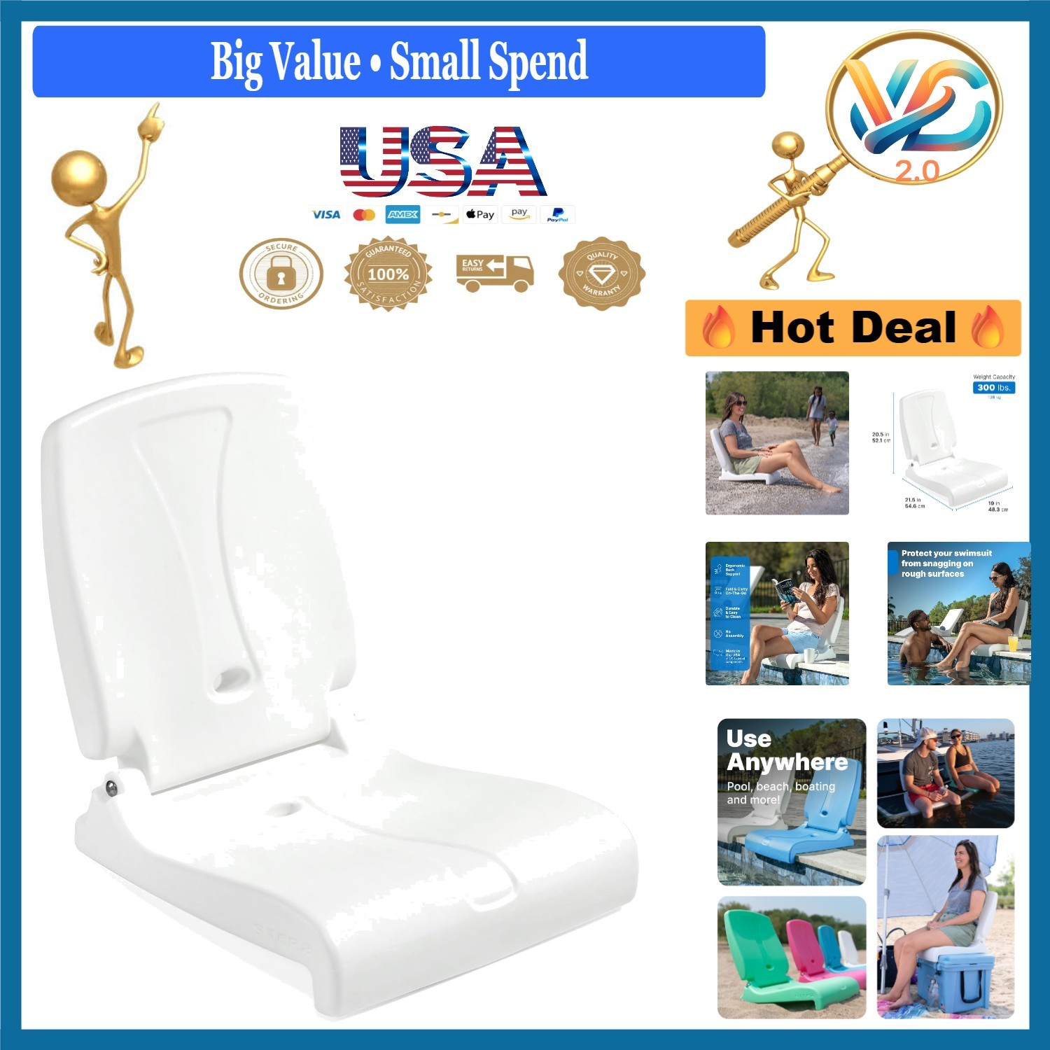 Portable Foldable White Adult Seat with Back Support for Pool Beach Camping
