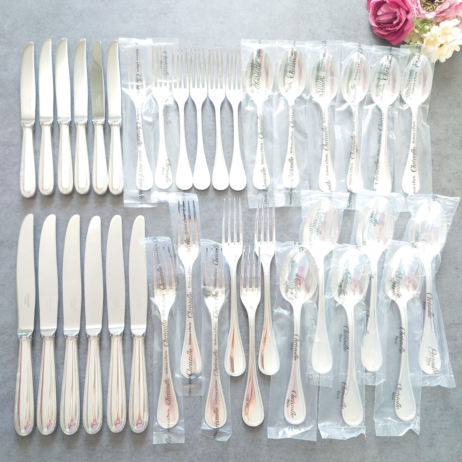 Christofle Perles Silverplate Table Dessert Knife Fork Spoon 36pcs Excellent