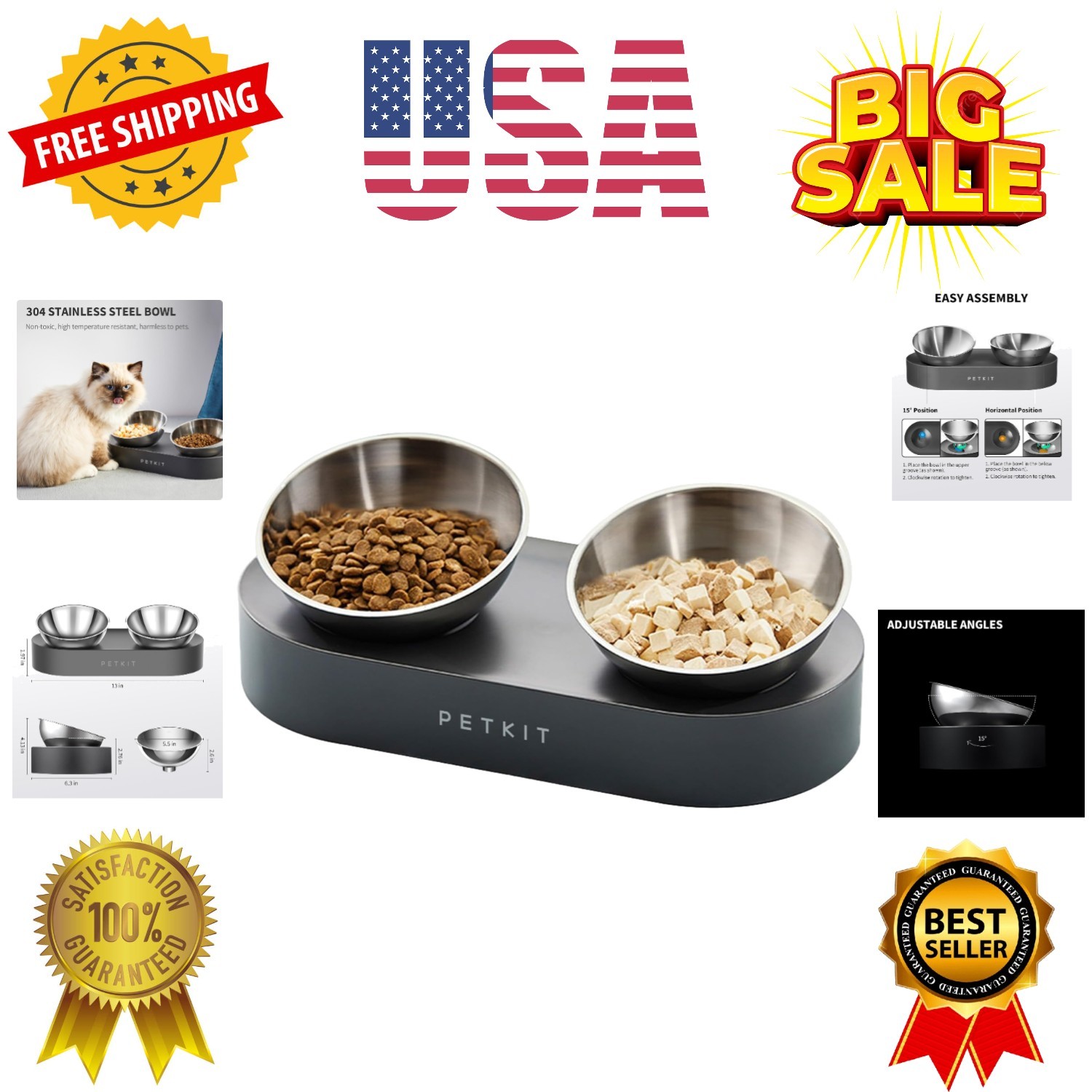304 Stainless Steel Elevated Cat Bowls&Dog Bowls,Raised Cat Food and Water Bo...