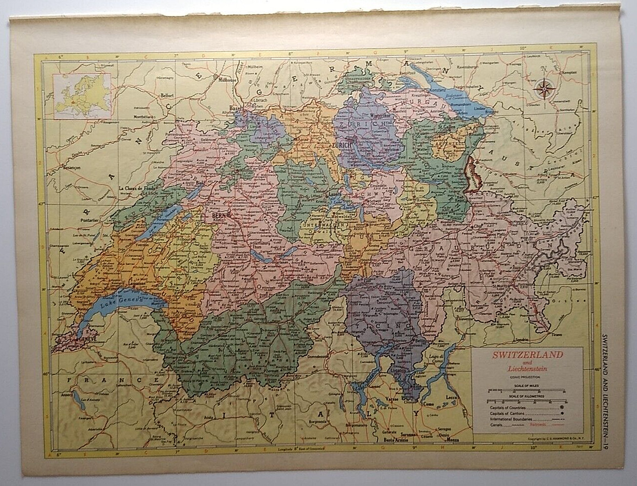 1955 Antique SWITZERLAND Atlas Map Vintage MCM Hammond's New Supreme World Atlas