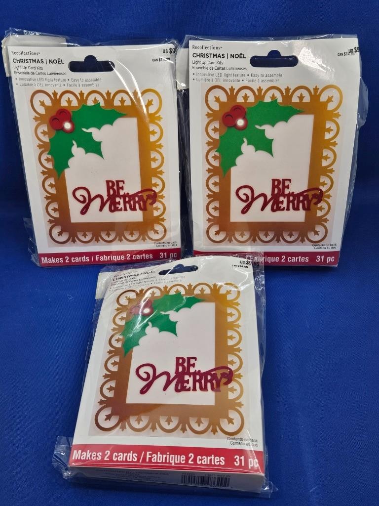 Lot 3 Recollections MERRY HOLLY Light-Up LED Xmas Card Kit - MAKES 6 Total - NEW