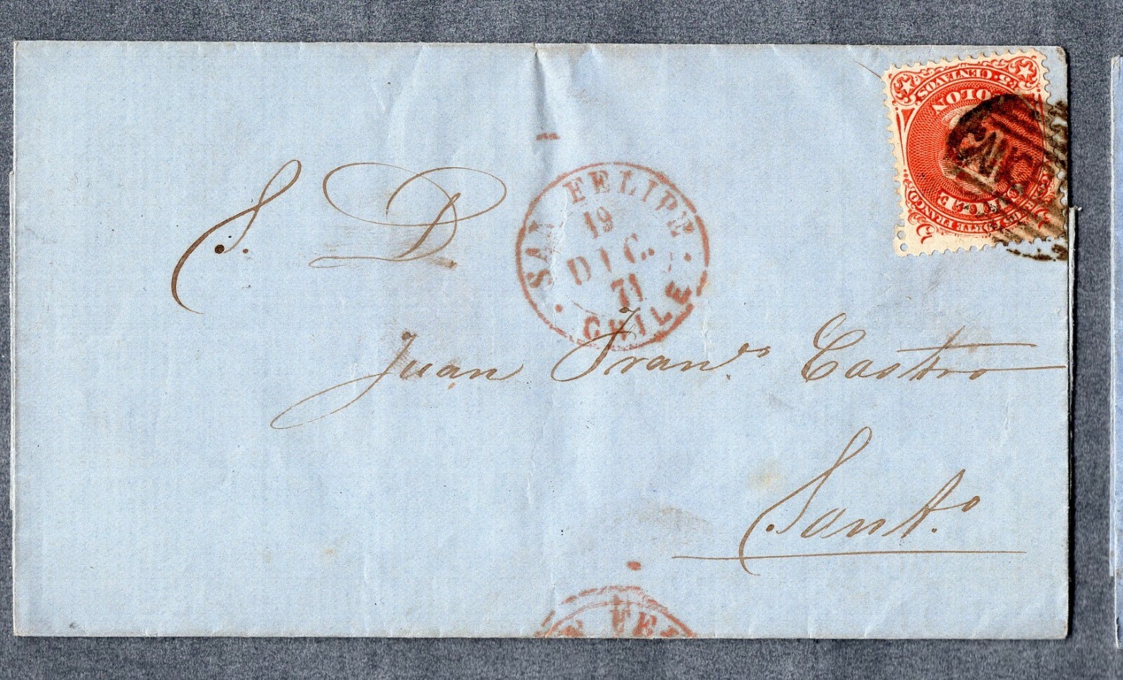 CHILE 1871 First Perforate 5c on folded cover San Felipe to Santiago