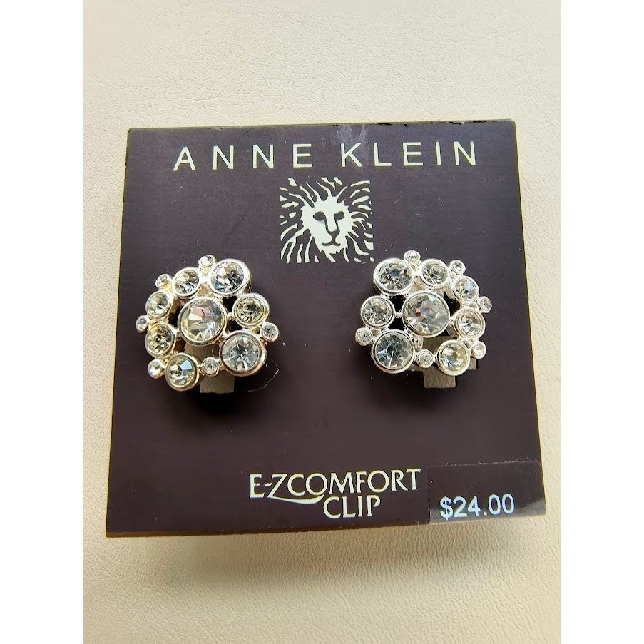 Anne Klein E Z Comfort Clip Earrings Silver Tone Crystal Cluster Round