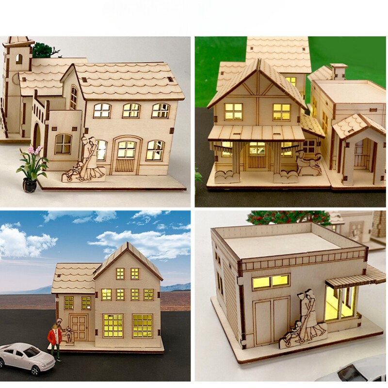 Miniatures Dollhouse Unfinished Wooden Tiny House Villa with Lamp Assemble Kit