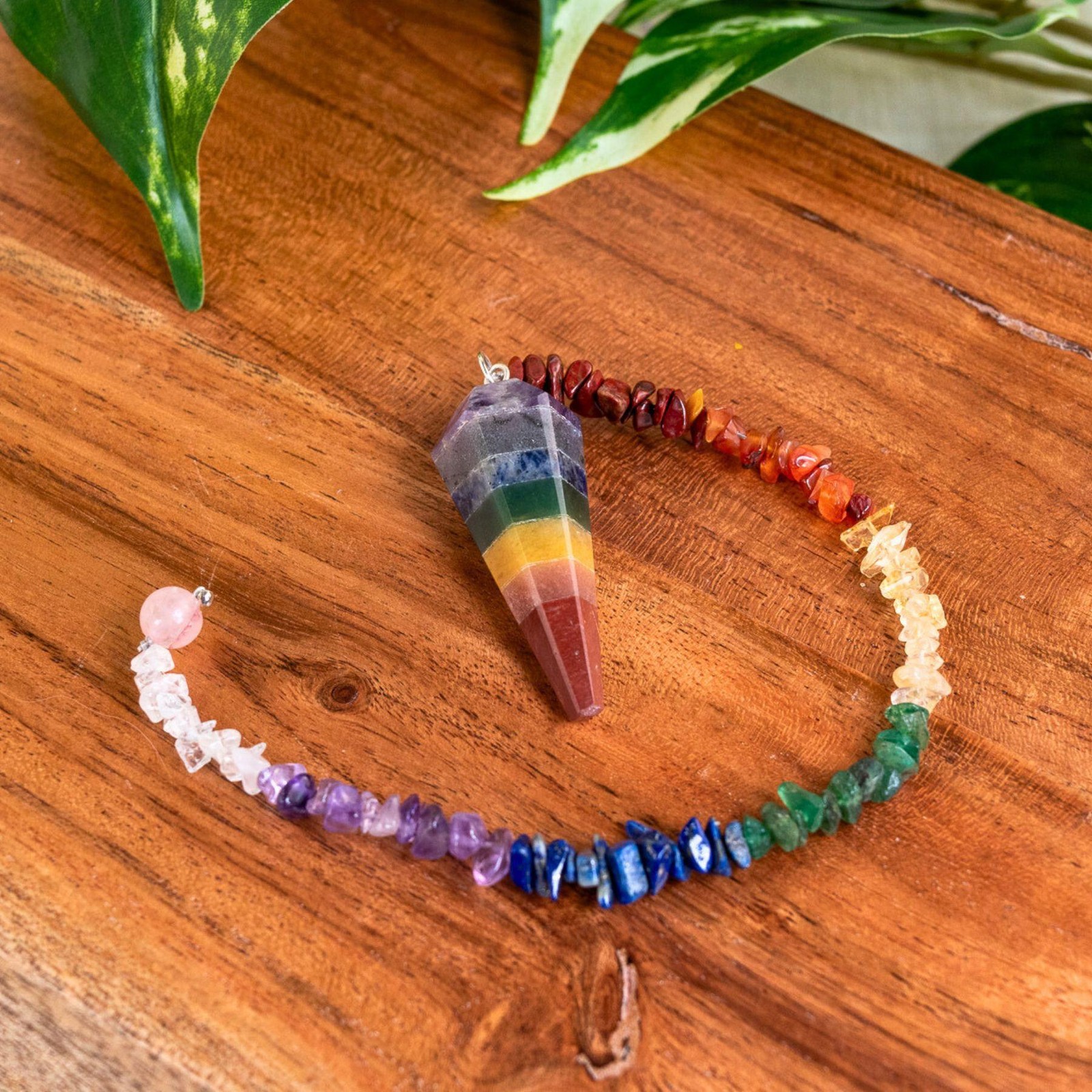 7 Chakra Faceted Pendulum with 7 Chakra Chip Chain