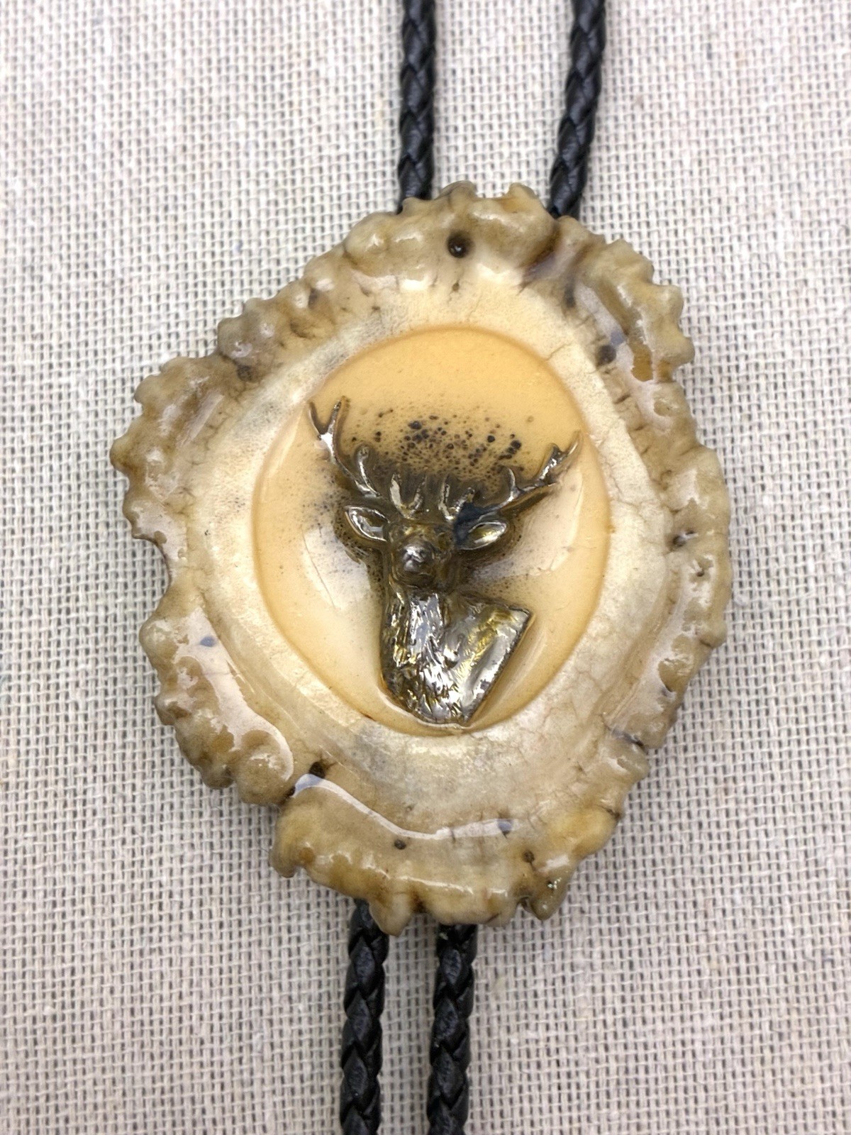 Bolo Tie Hand Carved Elkhorn,Leather Cord, Sterling Elk And Tips Vintage Wyoming