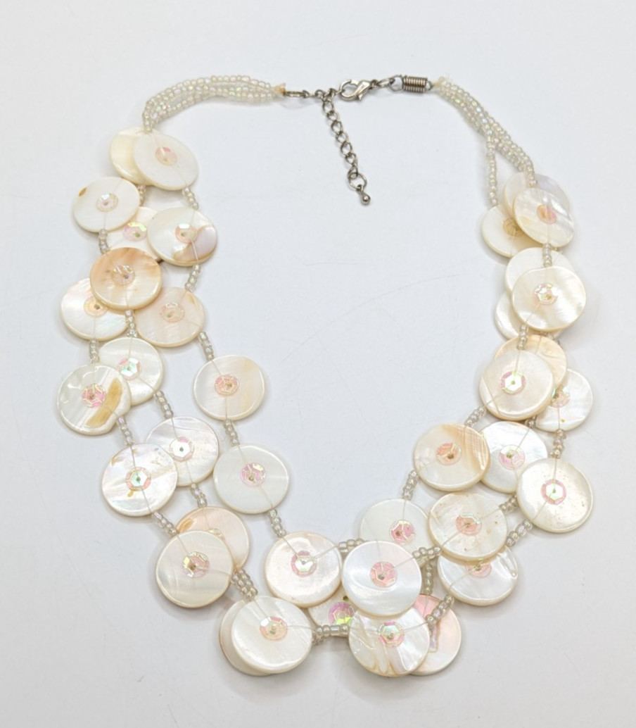 Multi Strand Seed Bead Mother of Pearl Disc 3 Strand Statement Necklace Boho