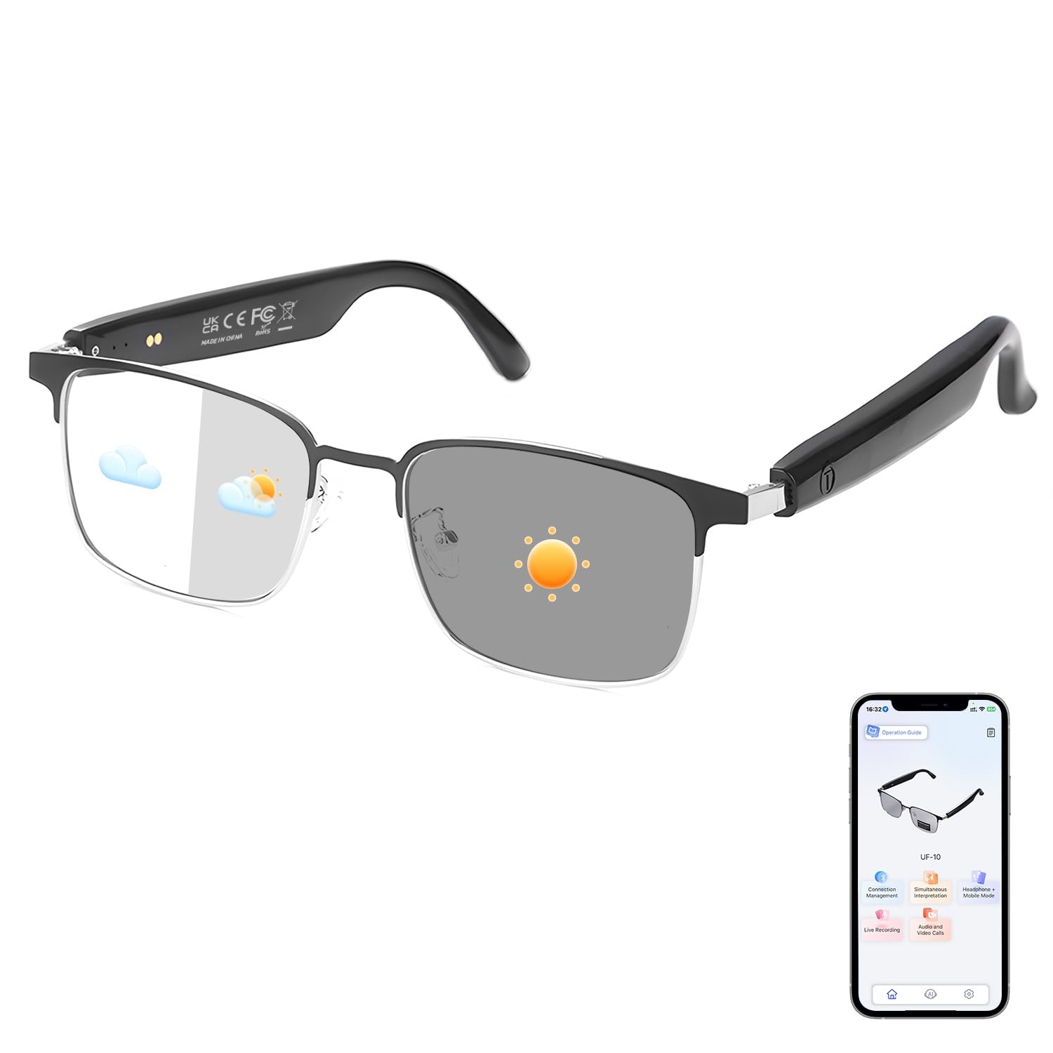 AI Smart Glasses, Support 160+ Languages Real-Time Translation, Photochromic ...