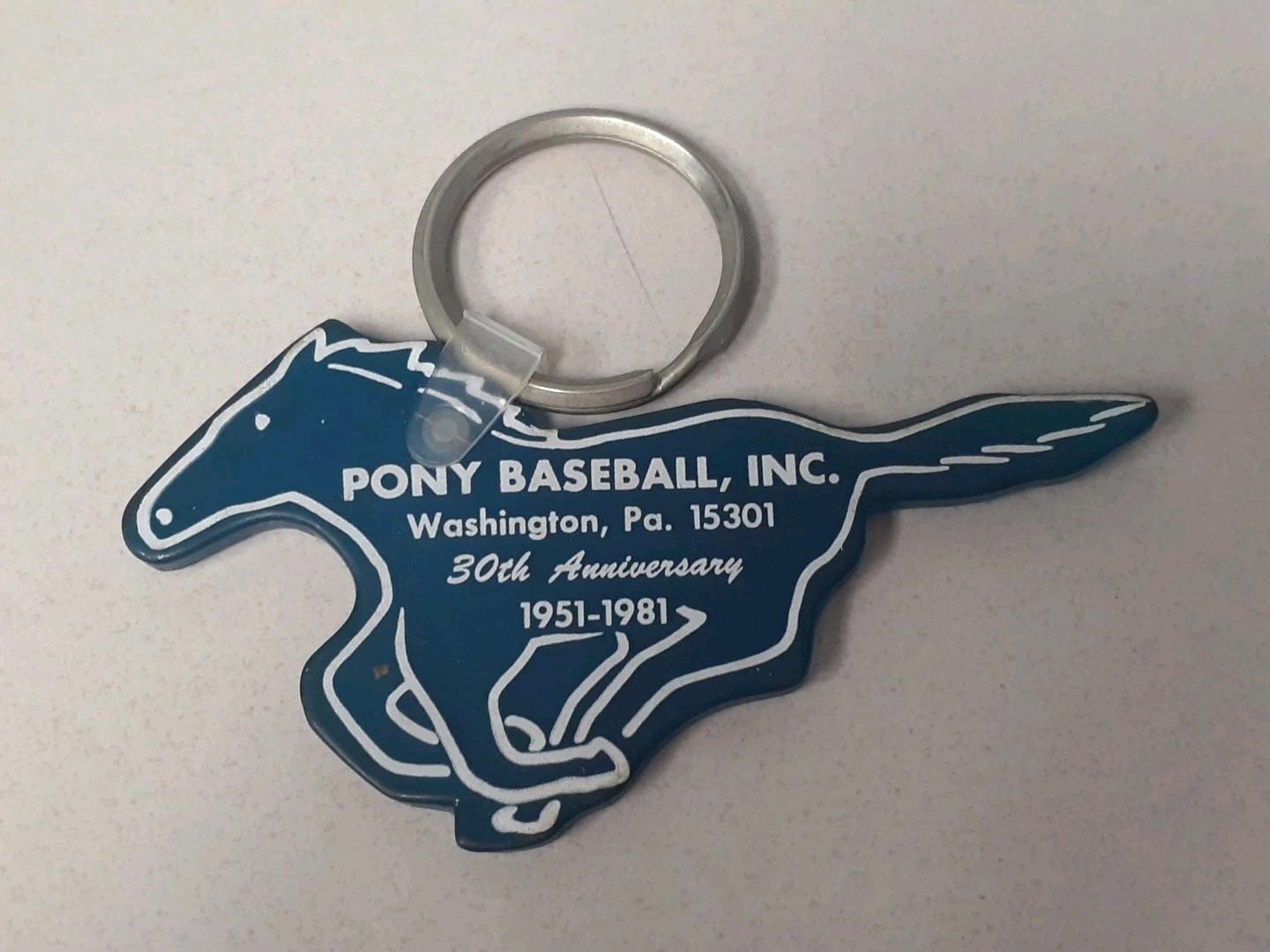 Vintage Rubber Blue White Keychain Pony Baseball Inc Washington PA 1981 