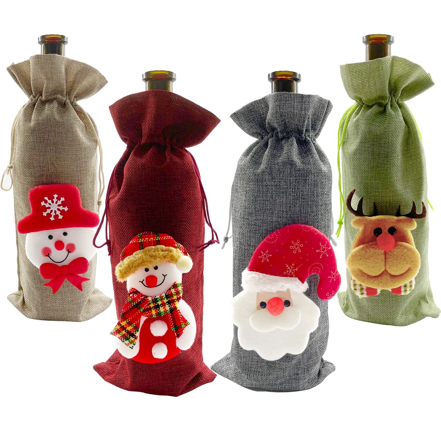4 Pcs Christmas Wine Bottle Bags,for 1 Count (Pack of 4), red, green, brown 