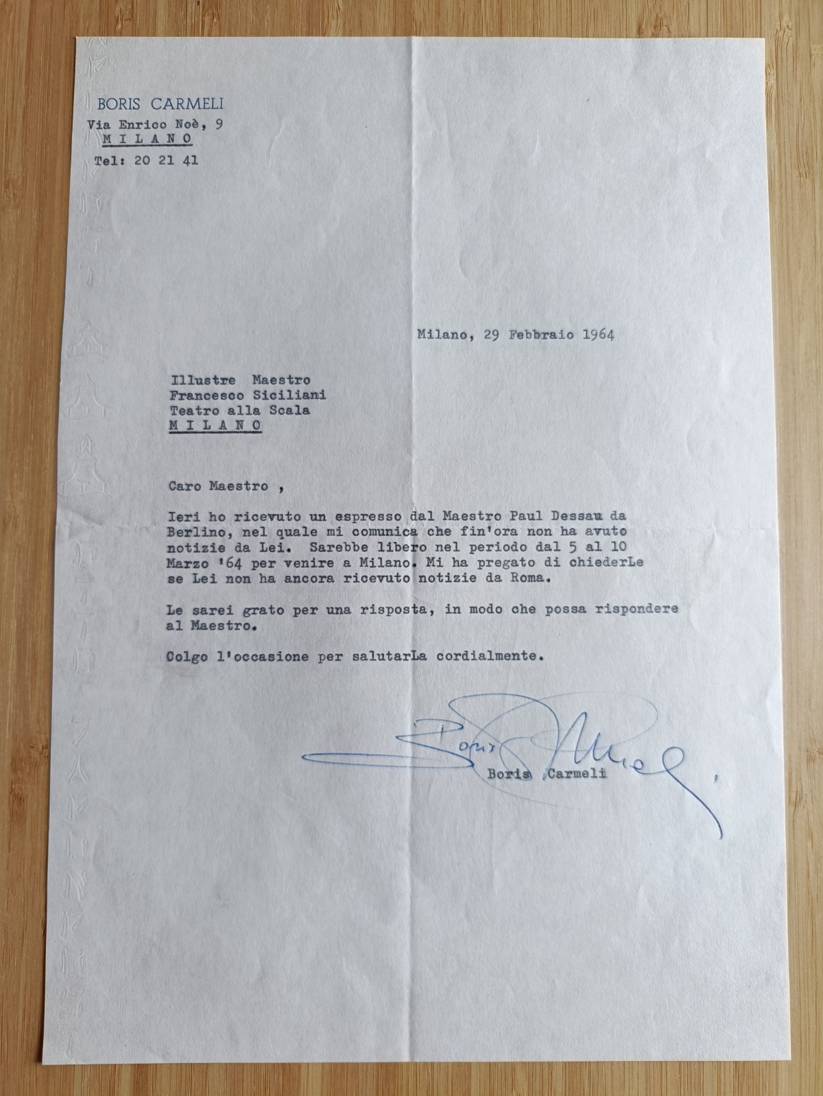 Carmeli, Boris. Autograph Signed Fingerprint Letter, 02/29/1964