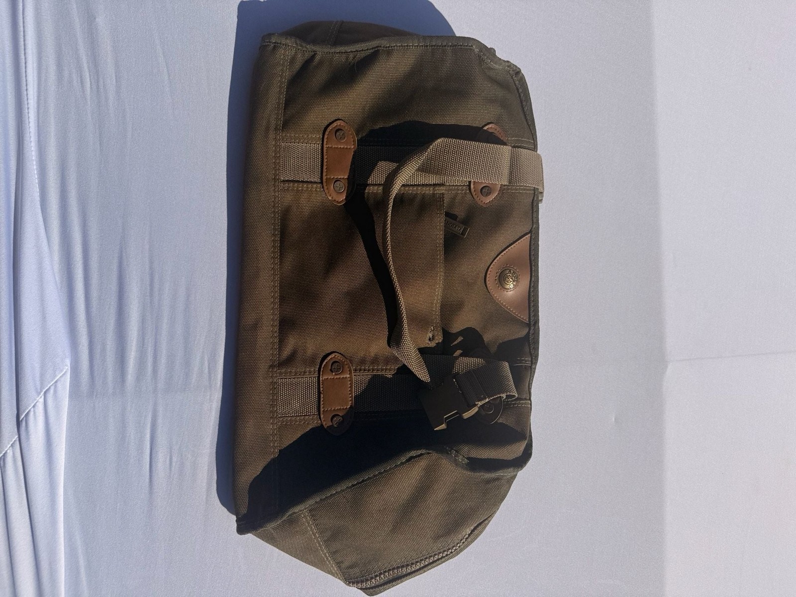 Adolfo Green Canvas Duffle Travel Bag with Plaid Lining and Leather Trim