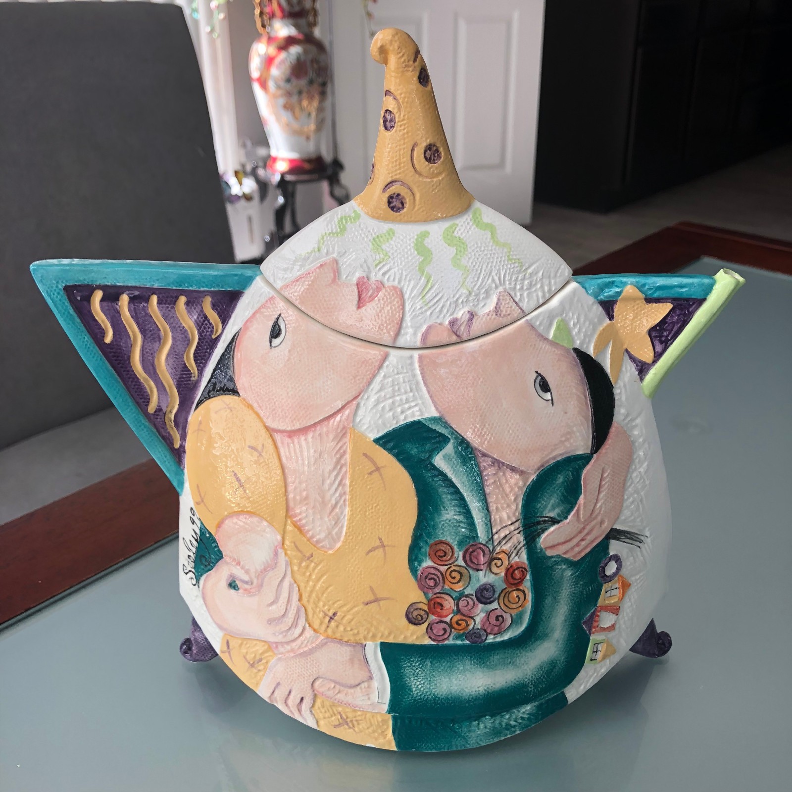 ONE OF A KIND Virginia Seeley ARTISAN CERAMIC TEAPOT Picasso Style SIGNED 1999