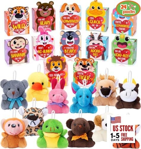 Valentines Day Gifts for Kids - 24 Pack Mini Plush Toy Bulk Small Animal