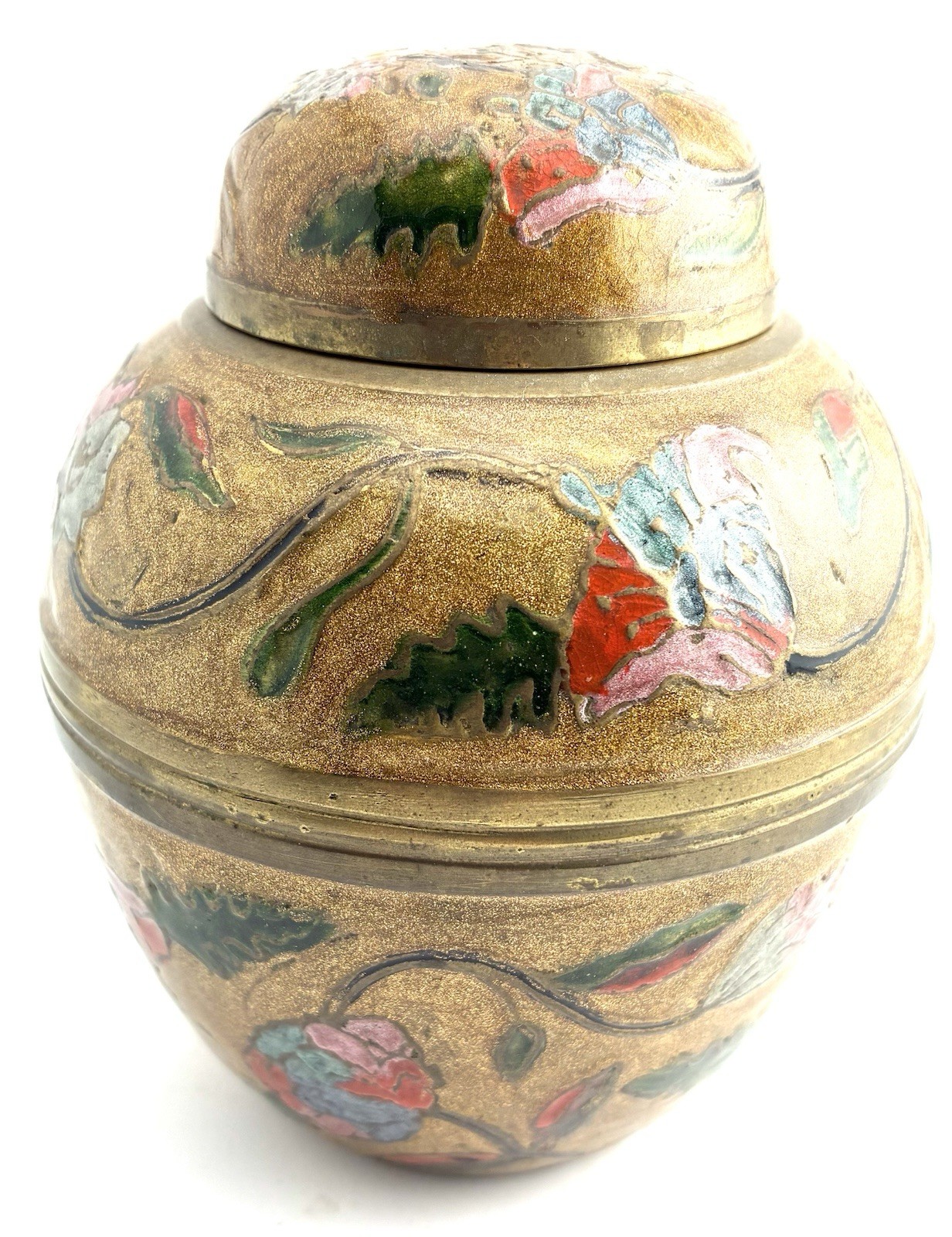 Vintage Brass Cloisonné Urn  Floral Motif  5 Inches Tall