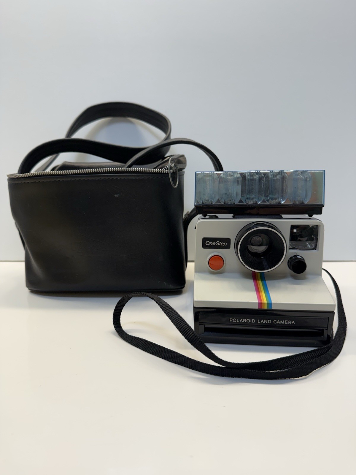 Vintage Polaroid One Step Rainbow Stripe Land Camera GE Flash Bar II & Case