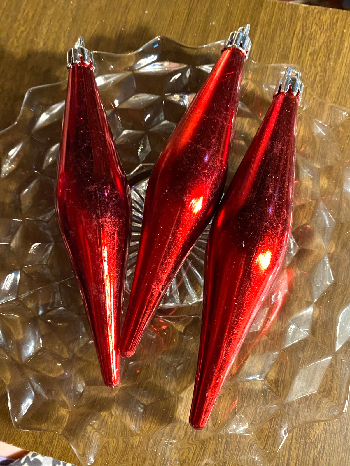 3 Teardrop Shiny Red 6" Shatterproof Christmas Ornaments