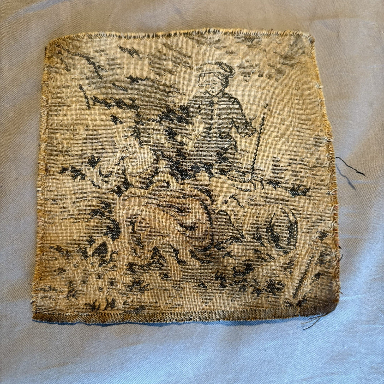 19th Century French Tapestry Romantic Pastoral Scene Wall Decor 6.5"X 6.5" Antiq