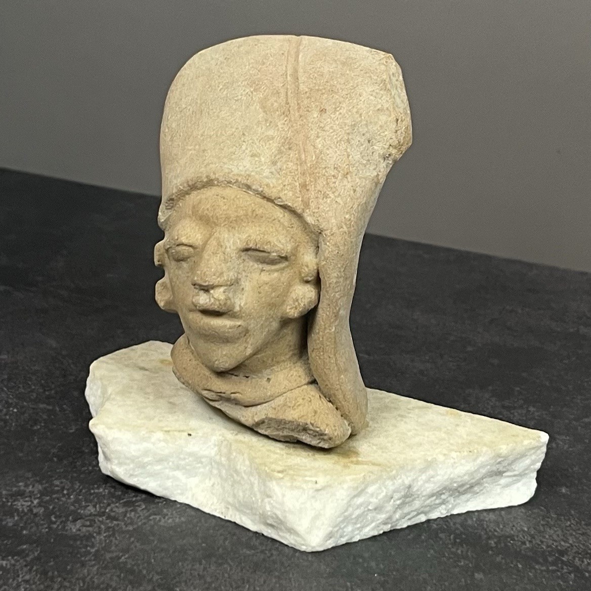 Precolumbian Artifact - Small Carved Stone Head On A Marble Base