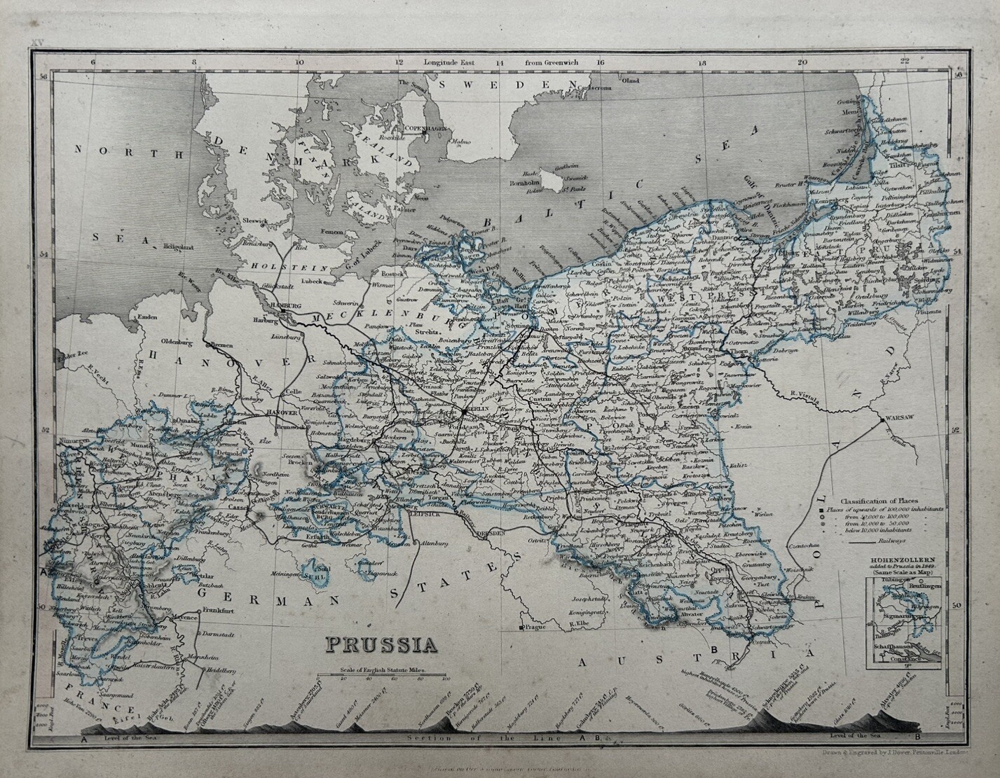 1850 Prussia Hand Coloured Antique Map By John Dower Showing Mountains