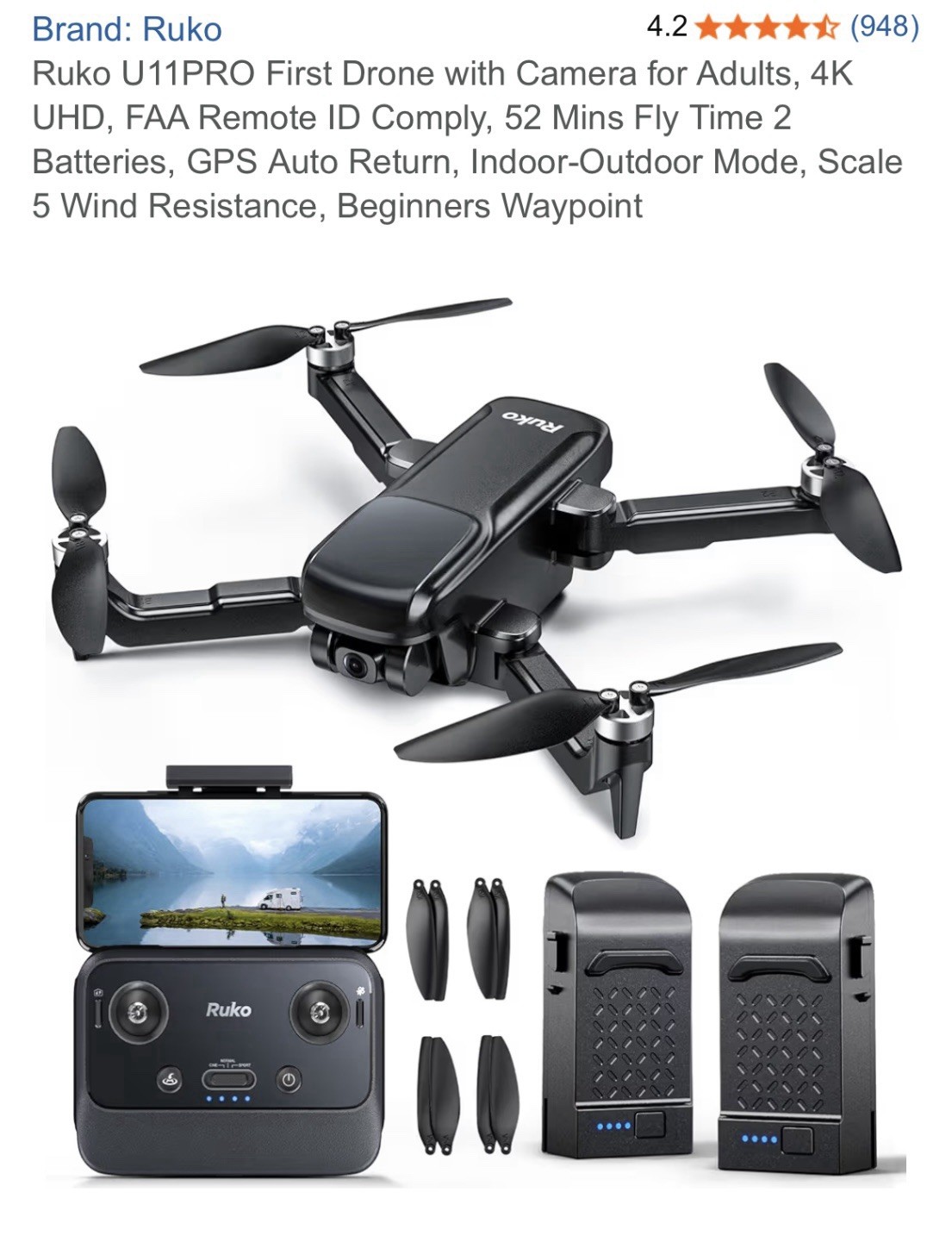 RUKO U11 PRO DRONE GPS AUTO RETURN FOLDABLE QUADCOPTER With CAMERA -,NEW