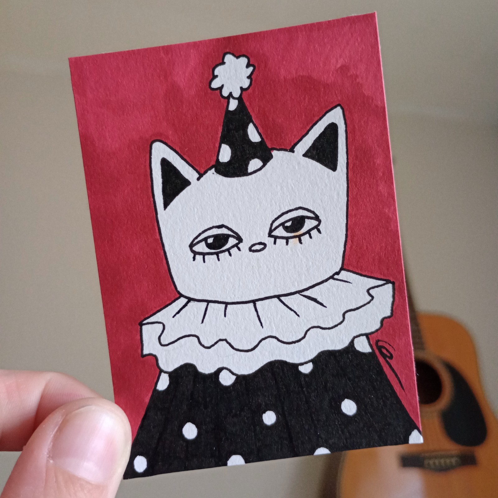 ACEO Original Drawing Black And White Acrylic Clown Cat Fantasy Art Card Caidart