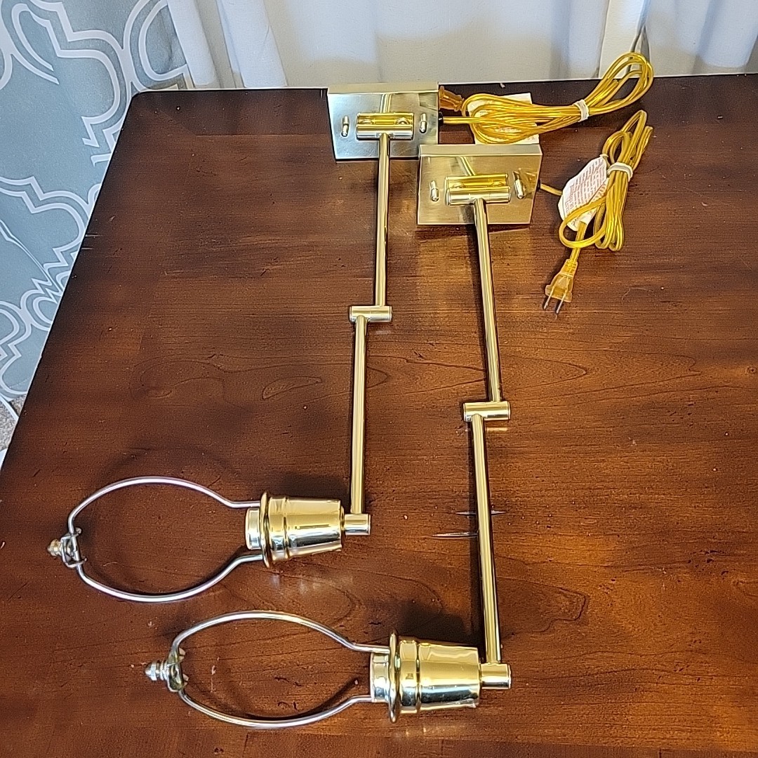Pair Brass Swing Arm Wall Bedside Sconce Lamps Adjustable Plug-In 80's-90's