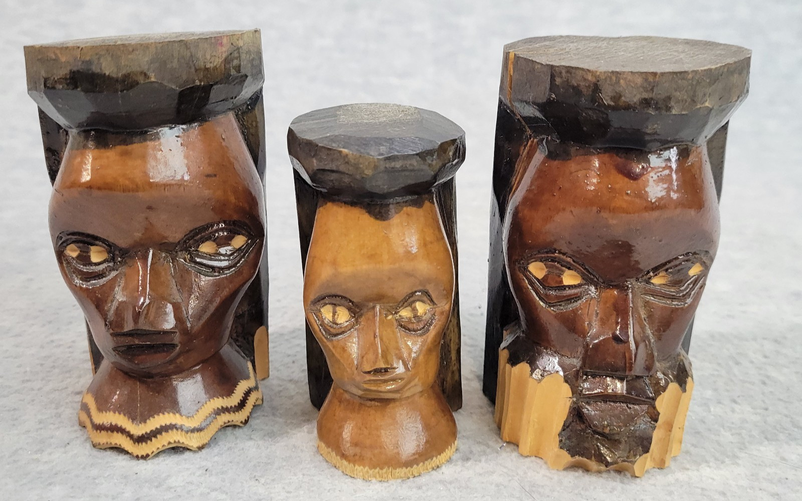 Jamaican Statues 3 Pc. Hand Carved Solid Wood Tiki Totem Set Head Folk  Art 2003