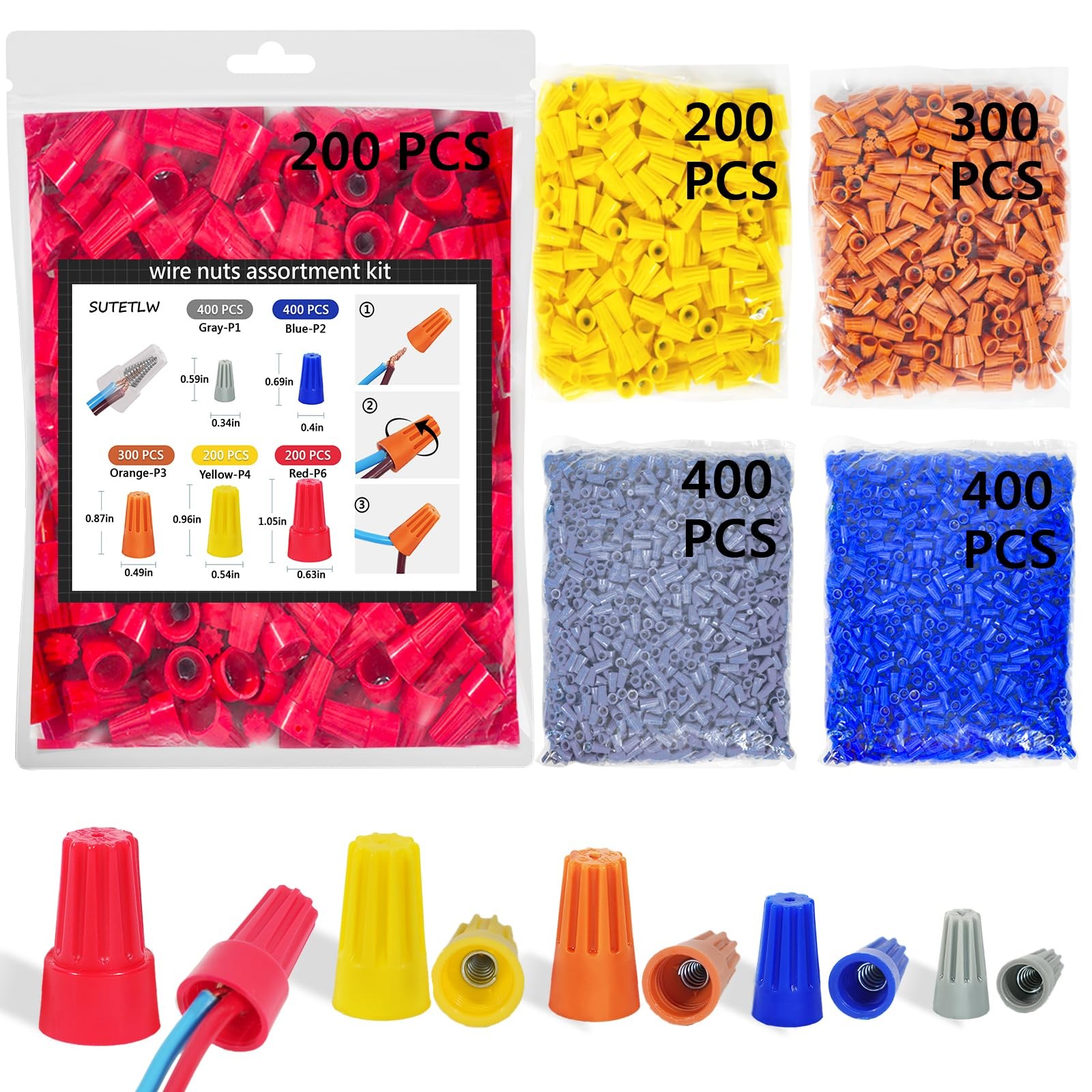 Wire Nuts Assortment Kit 1500 PCS Insulating Insert Twist Electrical Wire Con...