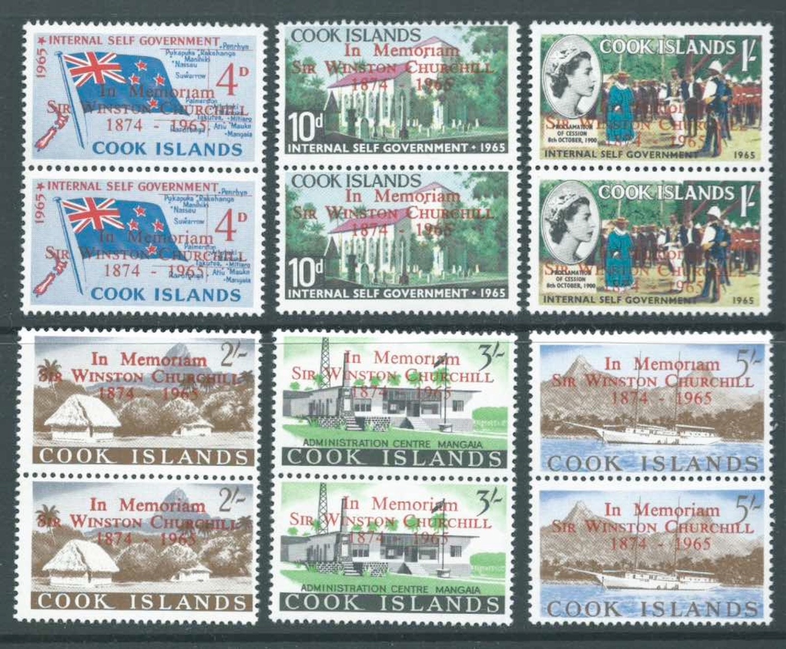 COOK ISLANDS 1966 SG179-84 6 Pairs Churchill Commemoration Opt Red UM Cat £30