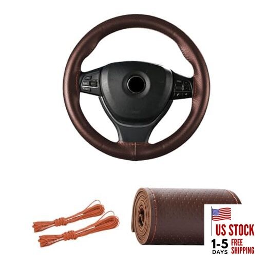  Genuine Leather Steering Wheel Cover, 15" Universal 15 inches Full Hole Coffee