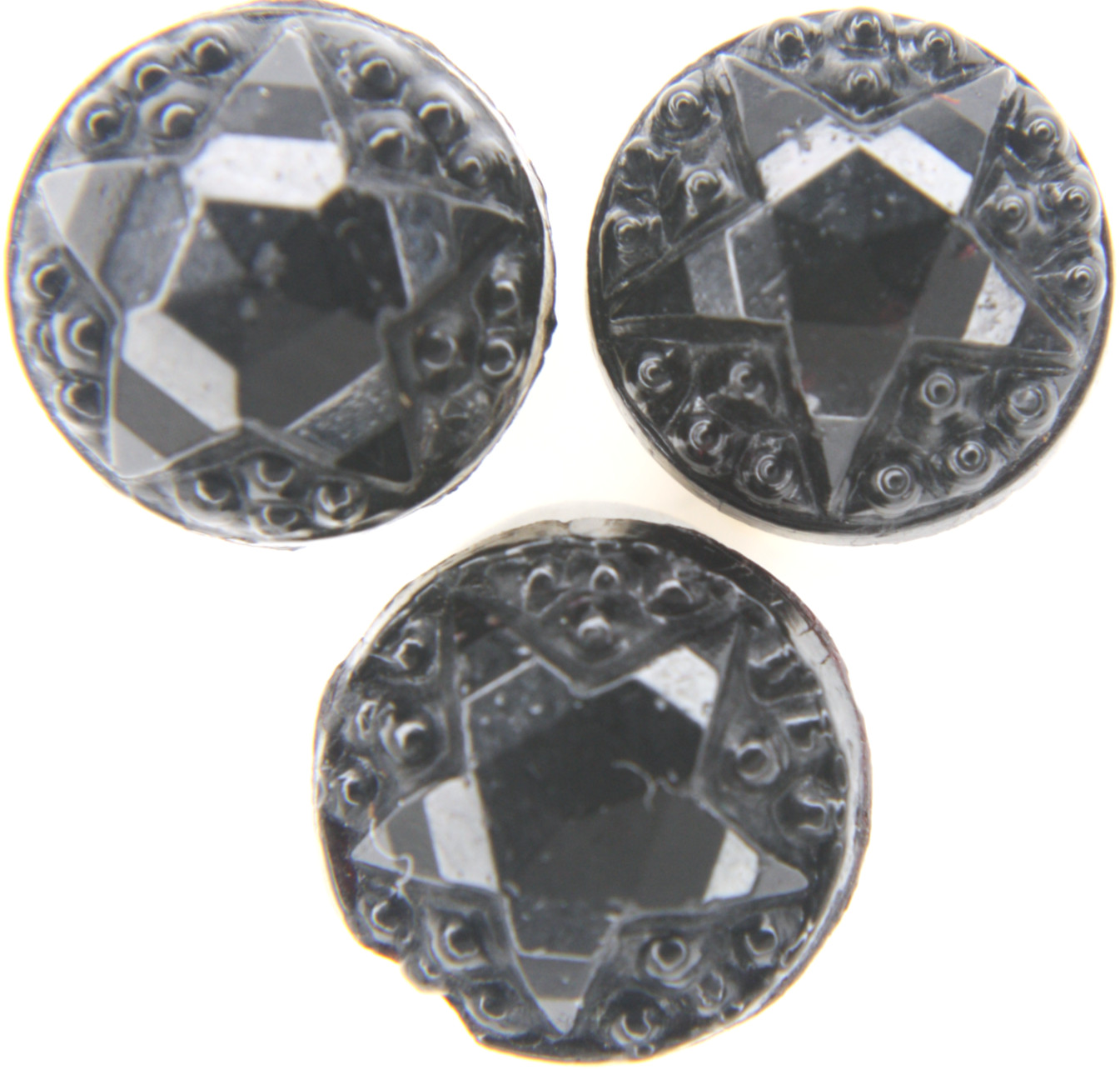 C1890 Antique Victorian Black Glass Button LOT 3 Matching Domed Faceted Star Set