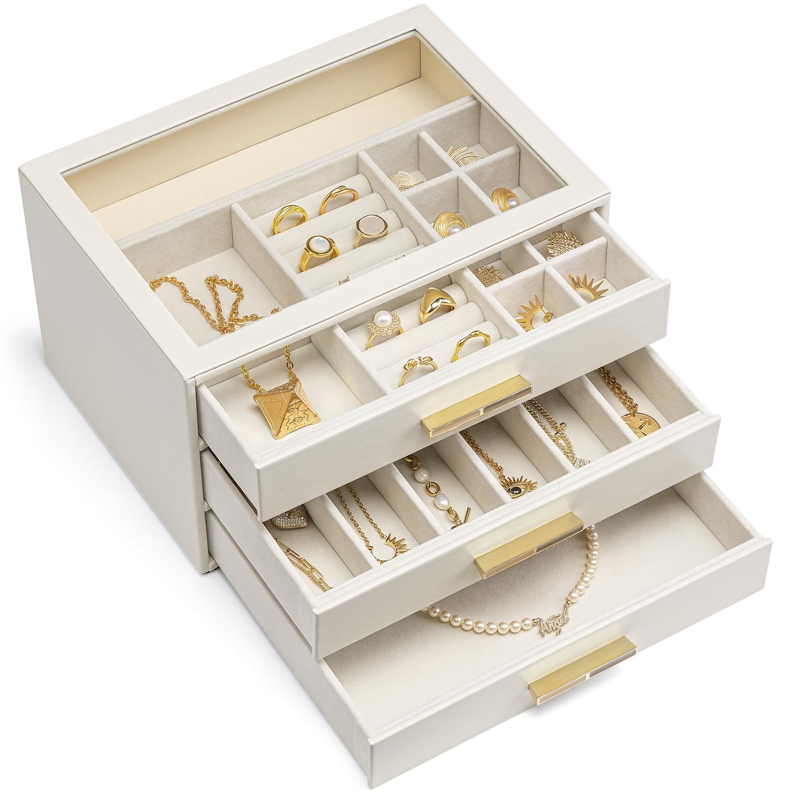 Jewelry Box for Women, 3-Layer Jewelry Organizer with Drawers, Glass Lid Disp...