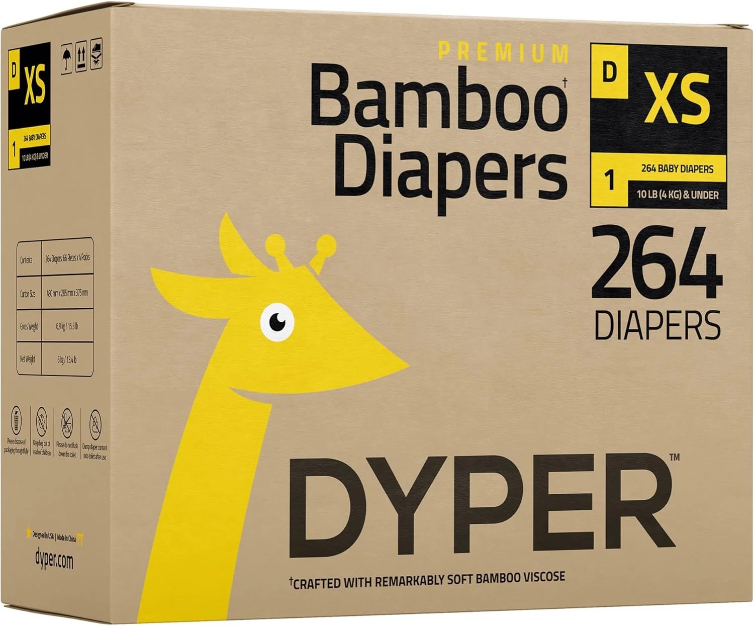 DYPER Bamboo Baby Diapers Box, XS (10 Pounds and Under), 264 count