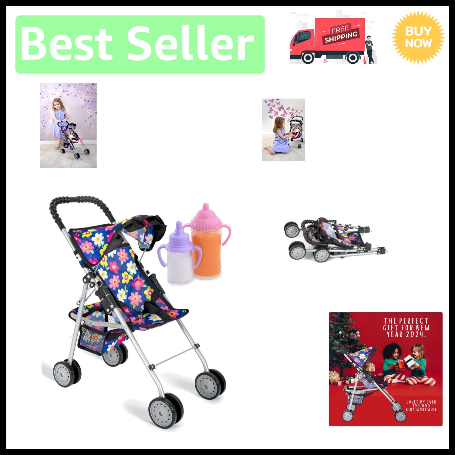 Imaginative Play Doll Stroller - Purple Flower Design for Dolls Up to 18 Inches
