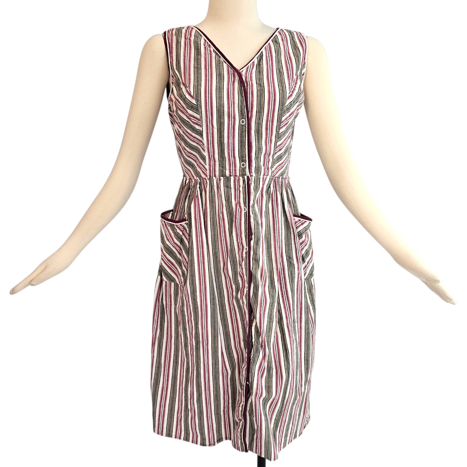 Vintage 1950s Dress Housedress Striped Cotton Maroon Brown V-neckline Sleeveless