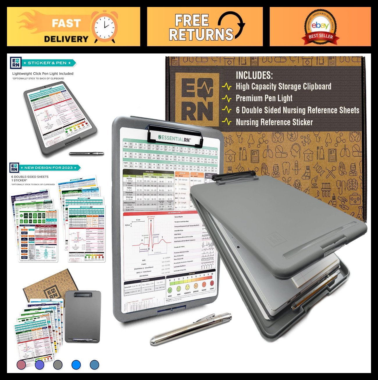 Heavy Duty Nursing Clipboard with Storage, Penlight & Cheat Sheets - Ideal for N