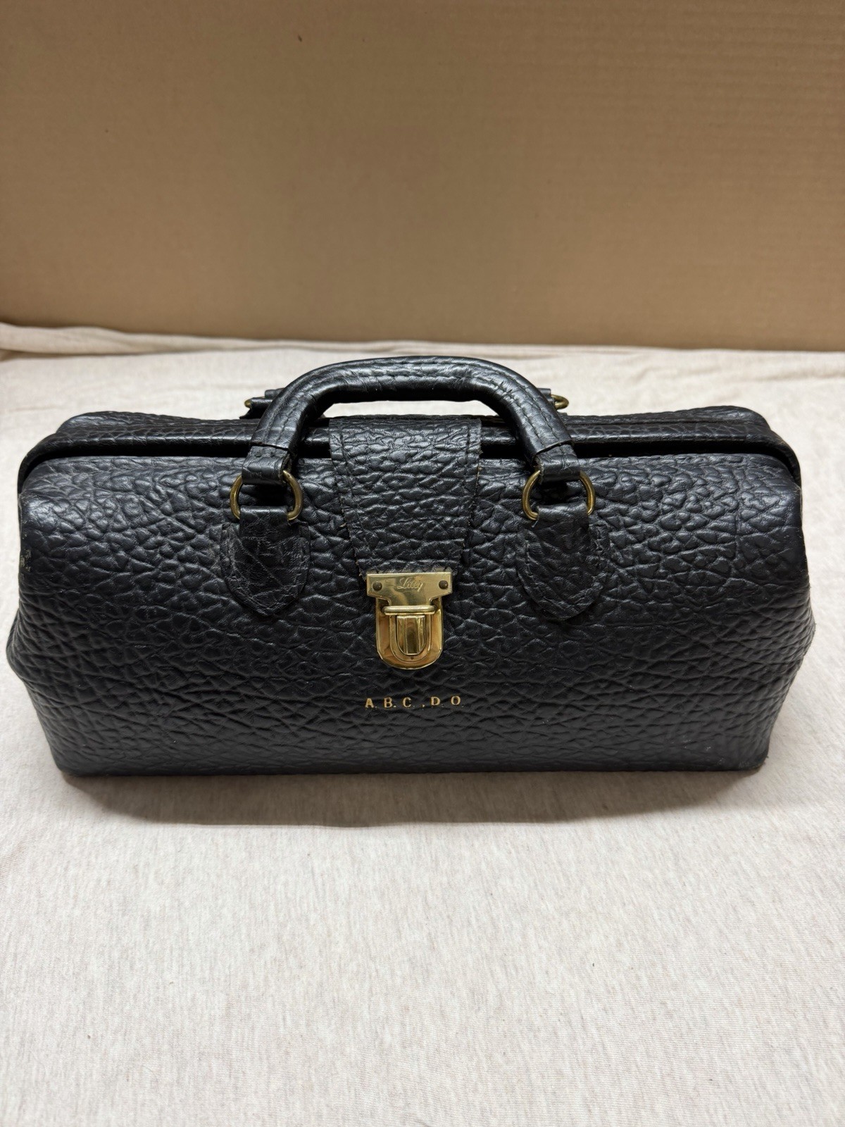 Vintage Black Pebble Leather Doctor Bag Medical Satchel Brass Lock A.B.C.D.O.